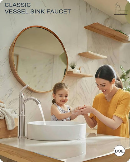 Brass Vessel Faucet Brushed Nickel, 1 Hole Tall Faucet for Bathroom Sink with Single Handle, Pop Up Drain & cUPC Water Hoses, Classic Aerator Style for Vessel Sink, 5 Mins Quick Installation