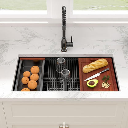 Sarlai 33 Inch Black Undermount Kitchen Sink Double Bowl 33 x 19 Inch Low Divided Gunmetal Black Workstation Double Kitchen Sink Stainless Steel 16 Gauge 50/50 Sinks Basin