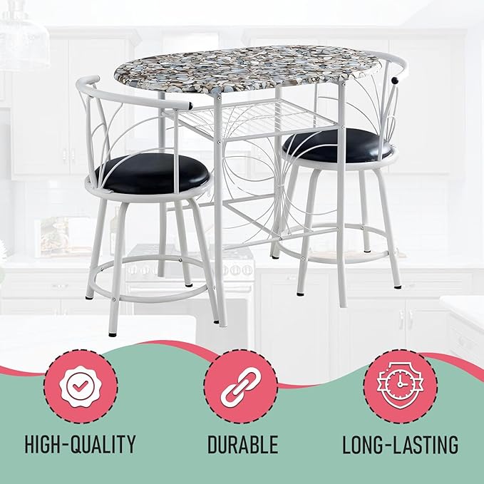 Kings Brand Furniture Somis 3 Piece Dining Table Set with Cobblestone Top - Breakfast Table with 2 Chairs - 2 Seat Dining Table Set for Small Spaces - Round Table Set with Faux Marble Top - White