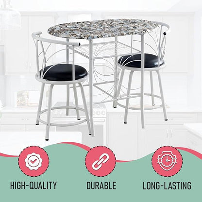 Kings Brand Furniture Somis 3 Piece Dining Table Set with Cobblestone Top - Breakfast Table with 2 Chairs - 2 Seat Dining Table Set for Small Spaces - Round Table Set with Faux Marble Top - White