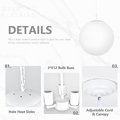 KoKo&Yukina 14 Inch Globe Pendant Light Adjustable White Globe Pendant Lights Kitchen Island Mid Century Light Fixture with Milky White Glass Shade for Living Room