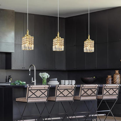 Modern Crystal Pendant Light Kitchen Island Farmhouse Lamp Adjustable Height Hanging Lighting Square Gold Chandelier Suitable for Kitchen Island Dining Room and Bedroom(3Pack)