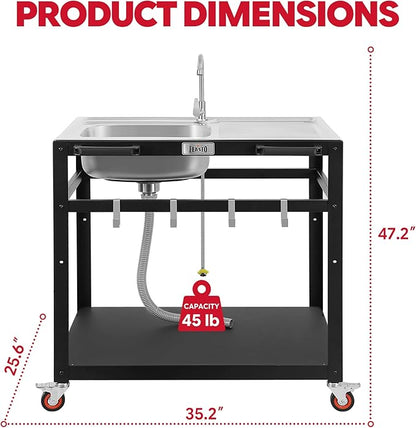 FEASTO 35-Inch Outdoor Grill Cart with Stainless Steel Sink, Rolling BBQ Prep Table with Faucet, Storage Shelves and Lockable Wheels for Patio, Backyard and Outdoor Cooking, Silver & Black
