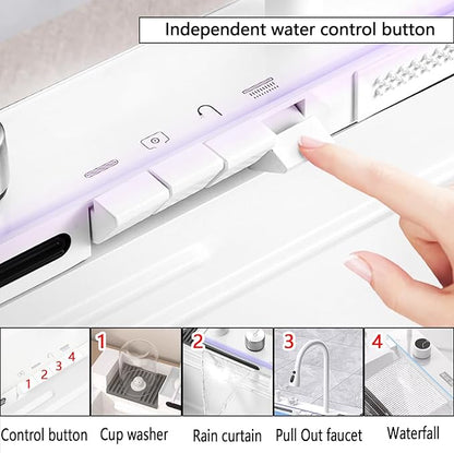 Sinks Countertop or Embedded Single Bowl Stainless Steel Kitchen Sink with Drain basket, cutting board, vegetable sink, multi-function pull-out faucet set (White, 33.4x18x9 In)