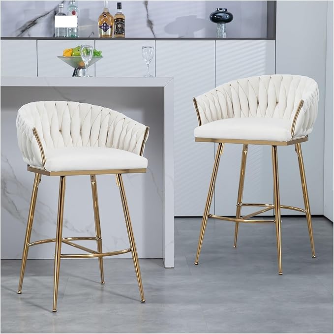26'' Counter Height bar stools Set of 2 Kitchen Island Counter bar Stool with Hand- Wave Back, Golden Chromed Base and footrest,for Living Room