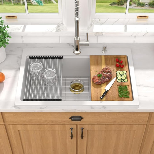 30x22 White Drop In Kitchen Sink - Granite Composite Single Bowl Classic Quartz-Based Workstation All-In One Sink with Mixing Bowl, Pasta Strainer, Two-Holes Configuration #TLGT-115