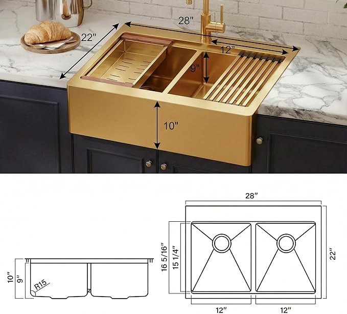LQS Double Bowl Kitchen Sink, Undermount/Drop In Kitchen Sink, Double Bowl Stainless Steel Kitchen Sinks, 16 Gauge Stainless Steel Handmade Sinks (Gold, 28" x 22" x 10")