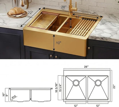 LQS Double Bowl Kitchen Sink, Undermount/Drop In Kitchen Sink, Double Bowl Stainless Steel Kitchen Sinks, 16 Gauge Stainless Steel Handmade Sinks (Gold, 28" x 22" x 10")