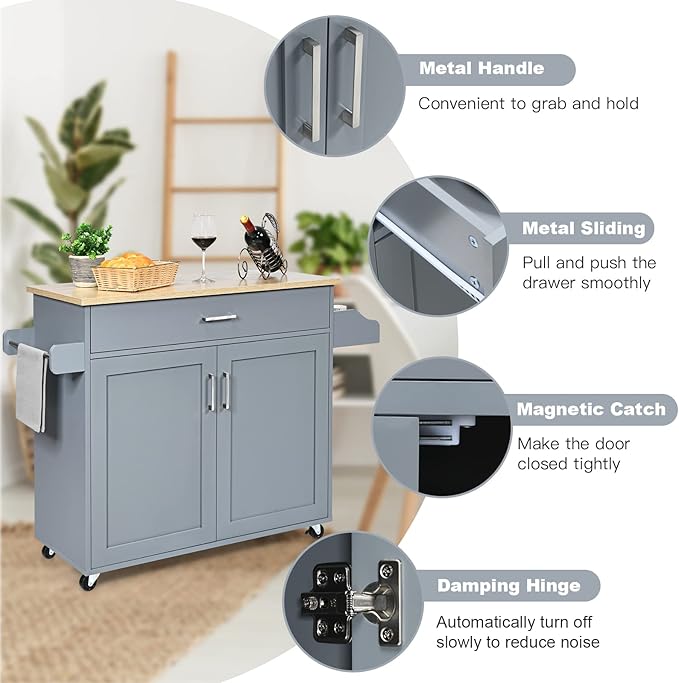 PETSITE Kitchen Island Cart with Storage Cabinet on Wheels, Spice Rack Towel Rack & Drawer (Grey)