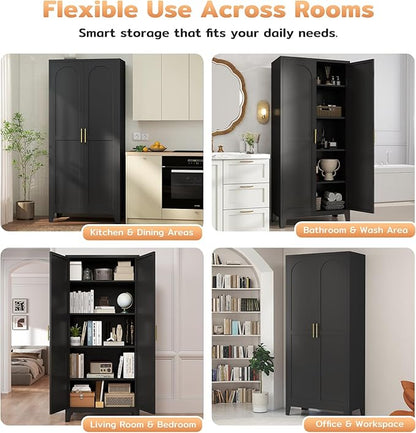 Zevemomo 70.87" H Metal Kitchen Pantry Cabinet, Freestanding Cupboard with 2 Doors and 4 Adjustable Shelves, Tall Metal Storage Cabinet for Kitchen, Bathroom, Dinning Room or Laundry Room （Black）