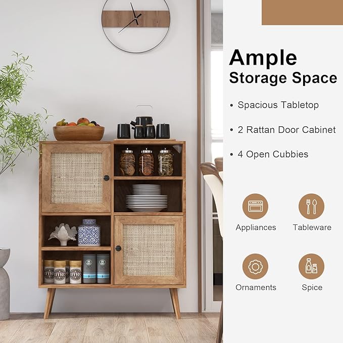 Giantex Buffet Cabinet, Wood Sideboard Storage with 2 Rattan Doors & 2 Cubes, Farmhouse Coffee Bar Accent, Freestanding Cupboard Organizer for Living Room Kitchen Hallway
