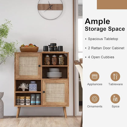 Giantex Buffet Cabinet, Wood Sideboard Storage with 2 Rattan Doors & 2 Cubes, Farmhouse Coffee Bar Accent, Freestanding Cupboard Organizer for Living Room Kitchen Hallway