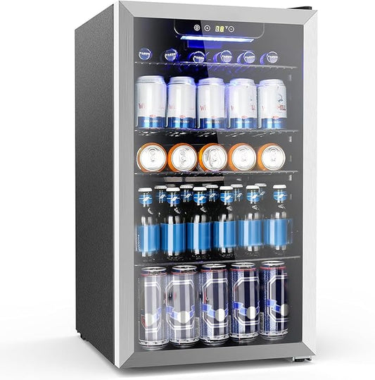 Electactic Mini Fridge 130 Can Beverage Refrigerator Cooler, 3.1 Cu.Ft Drink Fridge Silver Glass Door for Soda Wine Beer, Digital Temperature Control Cooler for Home,Bar