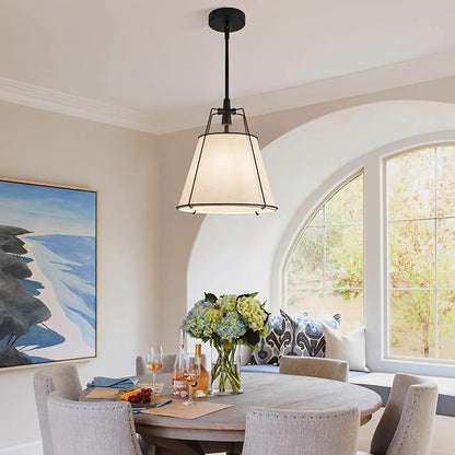 Modern Pendant Light Fixtures with 13" Off-White Linen Fabric Shade, Adjustable Hanging Light Fixture,Drum Black Vintage Chandelier for Kitchen Island Bedroom Dining Room Foyer Entryway