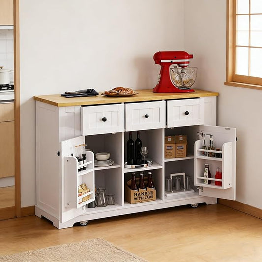 Mobile Kitchen Island Cart with Storage, Rolling Kitchen Island Table with Natural Wood Top, 3 Drawers & 2 Cabinets, White Kitchen Island on Wheels for Home & Dining Room.