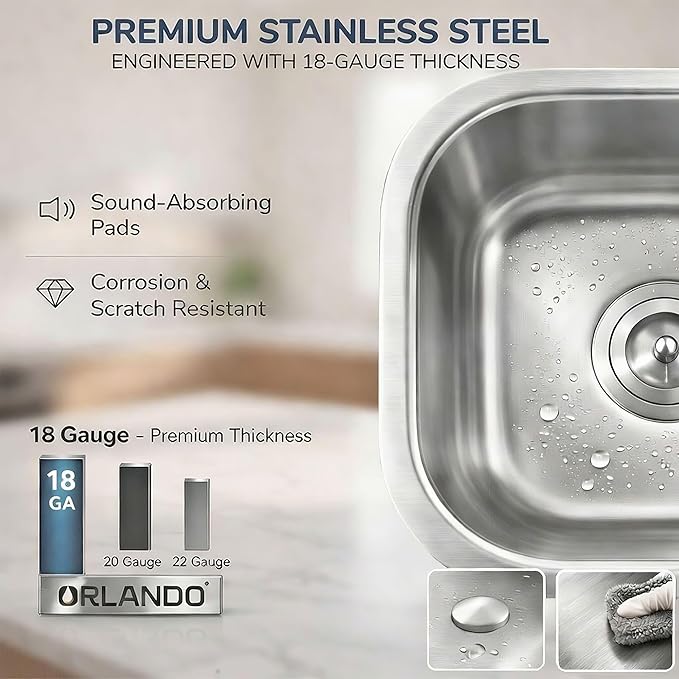 ORLANDO 16x16 inch Undermount Bar Prep Sink – 18 Gauge Stainless Steel Single Bowl Compact Kitchen Sink with Basket Strainer for Small Kitchen & Wet Bar