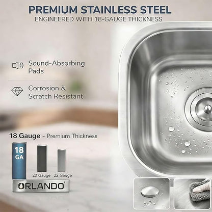 ORLANDO 18x18 Inch Undermount Kitchen Sink - 18 Gauge Stainless Steel Single Bowl Prep Sink for Compact Kitchen Sink & Kitchen Island with Basket Strainer