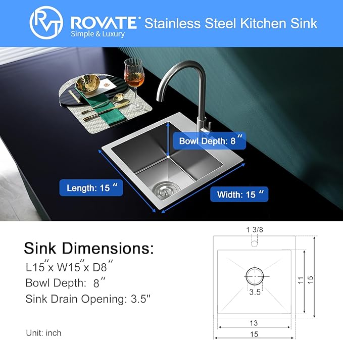 ROVATE 15 x 15 x 8 inch Drop in Bar Sink, Small Top-mount Kitchen Sink Single Bowl, Overmount Handmade 304 Stainless Steel Bar Sinks with Basket Strainer