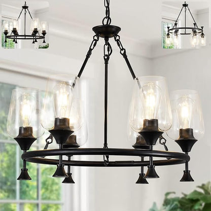 25" Farmhouse Chandelier, 6-Light Modern Black Dining Room Light Fixture Over Table with Clear Wine Glass Glass Shade, Industrial Hanging Pendant Lights Fixture for Kitchen Island Living Room Foyer