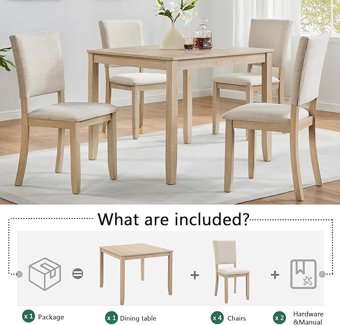 5-Piece Modern Wooden Dining Table Set for 4, Dining Table Set for 4 People with Upholstered Chairs, Square Kitchen Table and Chairs Set for Dining Room and Kitchen, Light Oak + Beige