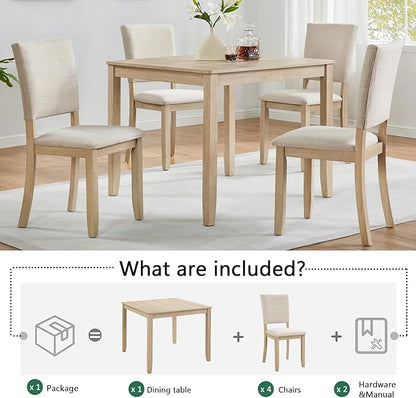 5-Piece Modern Wooden Dining Table Set for 4, Dining Table Set for 4 People with Upholstered Chairs, Square Kitchen Table and Chairs Set for Dining Room and Kitchen, Light Oak + Beige