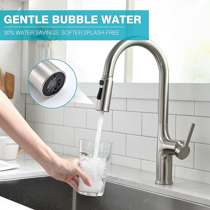 Kitchen Faucet, Brushed Nickel Kitchen Faucet with Pull Down Sprayer, High Arc Single Handle Stainless Steel Kitchen Sink Faucet 1 or 3 Hole, Bar Sink Faucet with 3 Modes Power Clean Deck Plate