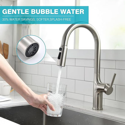 Kitchen Faucet, Brushed Nickel Kitchen Faucet with Pull Down Sprayer, High Arc Single Handle Stainless Steel Kitchen Sink Faucet 1 or 3 Hole, Bar Sink Faucet with 3 Modes Power Clean Deck Plate