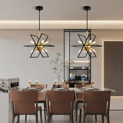 Farmhouse Chandelier,6-Lights Industrial Rustic Dining Room Pendant Light,Adjustable Hanging Candle Light Fixtures for Kitchen Island Living Room Foyer (Black/Gold-8 Lights)
