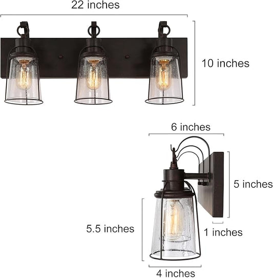 LALUZ Farmhouse Rusty Bathroom Light Fixtures, 3-Light Vanity Lights with Seeded Glass Shade Over Mirror
