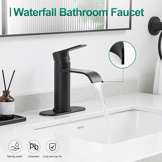 VOTON Matte Black Waterfall Bathroom Faucet, Single Handle 1 or 3 Hole Modern Sink Faucet with Deck Plate & Pop-Up Drain, RV Camper Washbasin Tap