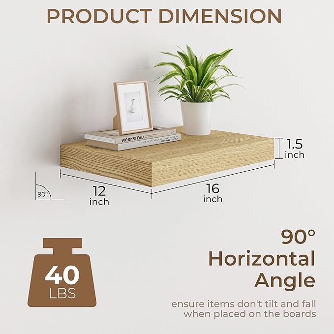 RICHFOCUS Deep Floating Shelves for Wall 2 Pack 12" D 16 Inch Wall Shelves for Room Wall|Wood Hanging Shelf with Invisible Brackets for Bathroom Bedroom Kitchen Laundry Room, Oak