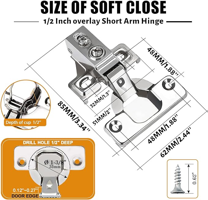 BESTEEL 24 Pack 1/2 inch Overlay Soft Close Cabinet Door Hinges for Kitchen Cabinet Hinges, 100 Degree Opening Angel, Stainless Concealed Kitchen Cabinets Hinge Self Closing with Drilling Tool &Manual
