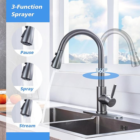 Black Stainless Kitchen Faucet, Arofa Gray Kitchen Faucet with Pull Down Sprayer Single Handle One Hole 3 Hole Commercial Rv Faucet for Kitchen Sink Gun Black