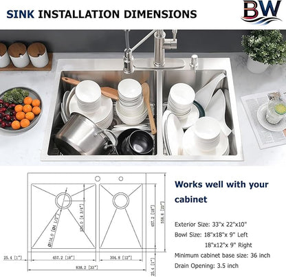 33x22 Inch Double Bowl Kitchen Sink Drop In - 16 Gauge Stainless Steel Top Mount Drop In Sink, 60/40 Split, Durable for Home Kitchen