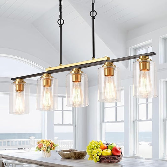 34" Dining Room Light Fixture/Chandelier Over Table, 5-Light Black and Gold Kitchen Island Lighting with Clear Glass Shade, Modern Hanging Pendant Lights Fixture for Kitchen Island Dining Room