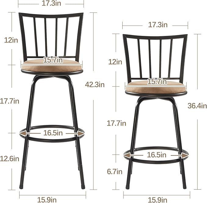 VECELO Bar Stools Adjustable Height Set of 2, 24/29" Barstool Swivel Counter Stool with Upholstered Seat and Footrest,Steel Bistro Pub Chairs, Island,Bar,Straight Line Backrest