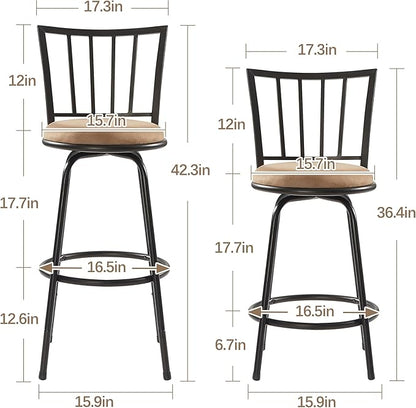 VECELO Bar Stools Adjustable Height Set of 2, 24/29" Barstool Swivel Counter Stool with Upholstered Seat and Footrest,Steel Bistro Pub Chairs, Island,Bar,Straight Line Backrest