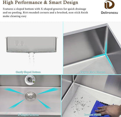 33x19 Undermount Kitchen Sink, Delironexu 33 Inch Undermount Kitchen Sink, 16 Gauge 304 Stainless Steel Single Bowl Kitchen Sink, Large 33x19 Kitchen Sink with Accessories