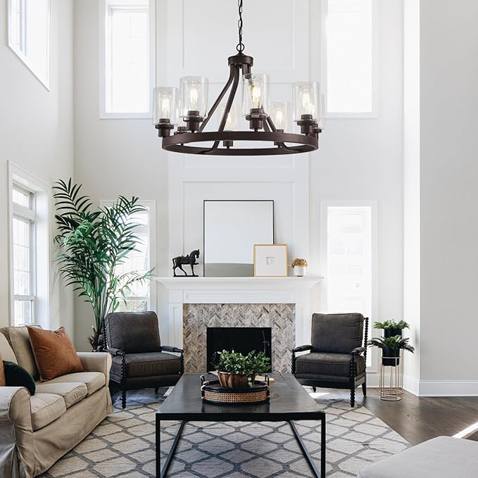 Lanhall 8-Light Farmhose Chandelier for Dining Room Light Fixture Oil Rubbed Bronze Kitchen Pendant Light Round Rustic Ceiling Hanging Lighting with Glass Globes Adjustable Height Metal E26