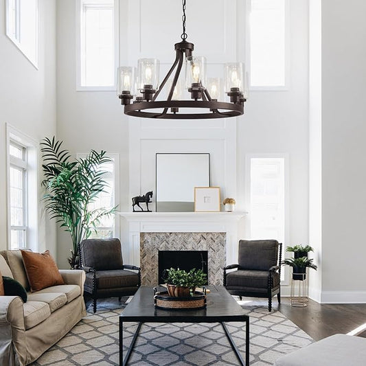 Lanhall 8-Light Farmhose Chandelier for Dining Room Light Fixture Oil Rubbed Bronze Kitchen Pendant Light Round Rustic Ceiling Hanging Lighting with Glass Globes Adjustable Height Metal E26