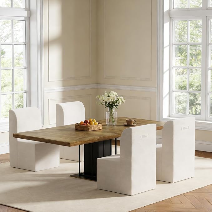 Modern Corduroy Upholstered Armless Dining Chair Set of 4, Comfortable Dining Room Chair Side Leisure Chairs with Mid Back for Dining Room Kitchen Bedroom Reading Room, No Assemble, Beige