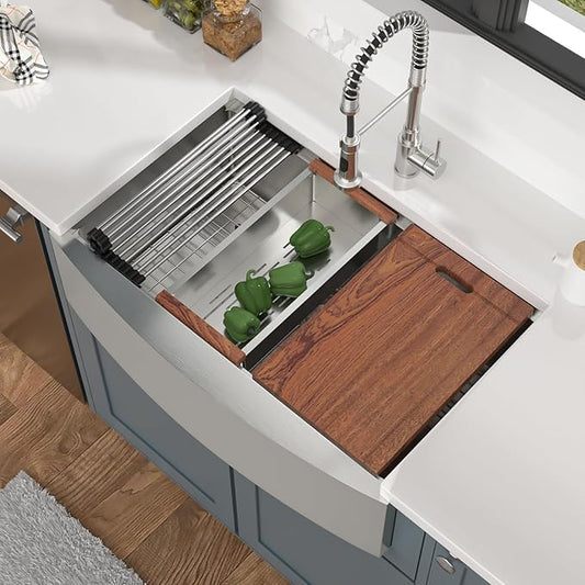 Mocoloo 33 Farmhouse Sink - 33 x 22 Inch Stainless Steel Undermount Kitchen Sink Workstation Ledge 16 Gauge Single Bowl Deep Basin Handmade Apron Front Farm Style Sinks