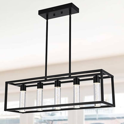 MELUCEE 5 Color Black Pendant Lights Kitchen Island, 5 Lights Modern Kitchen Island Lights 25W Dining Table Light Fixture with Crystal Bubble, Integrated LED Chandelier for Dining Room Billiard Room