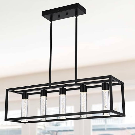 MELUCEE 5 Color Black Pendant Lights Kitchen Island, 5 Lights Modern Kitchen Island Lights 25W Dining Table Light Fixture with Crystal Bubble, Integrated LED Chandelier for Dining Room Billiard Room