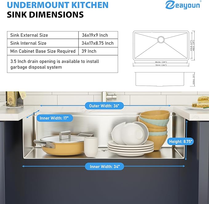 36 Inch Undermount Kitchen Sink Workstation 16 Gauge Stainless Steel Handmade Sink Round Corners Single Bowl Large Deep Under Counter Kitchen Sinks Basin, 36"x19"x9"