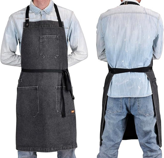 Denim Apron with Pockets, Professional for Mens Womens Chef Kitchen Cooking Grill BBQ Painting Baking, Black Bib with Towel Loop & Adjustable Neck Strap (Black Denim -2)