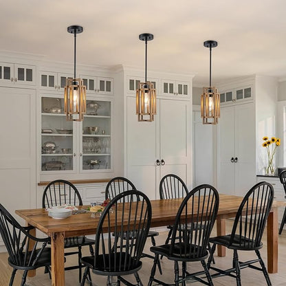 Farmhouse Pendant Light Fixtures, Retro Wood Texture and Black Finish Pendant Lights 59'' Adjustable Small Square Pendant Ceiling Hanging Light for Kitchen Island Dining Room Entryway