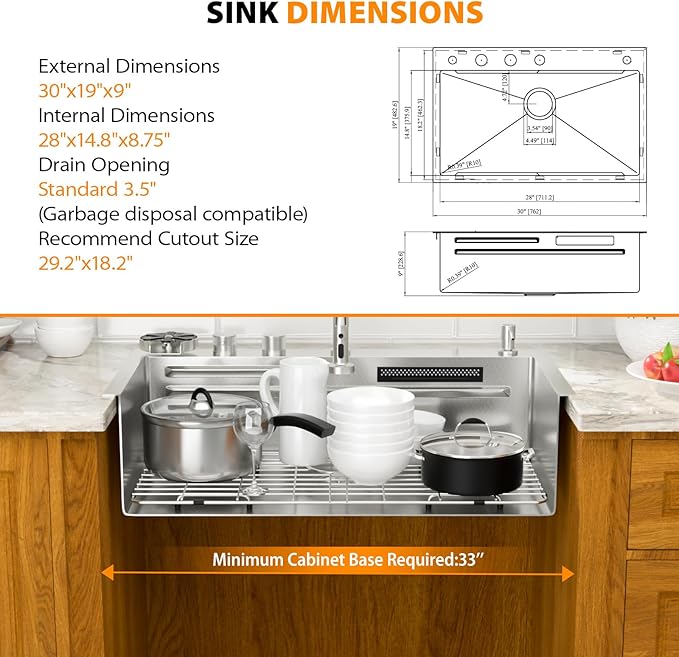 Mocoloo 30 Inch Honeycomb Waterfall Kitchen Sink Drop in, 30x19 Inch Stainless Steel Workstation Sink 16 Gauge Topmount Single Bowl Sink with Complete Kit