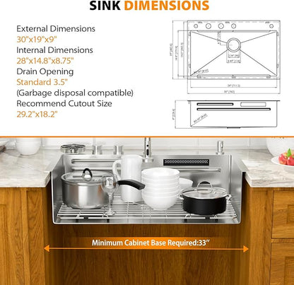 Mocoloo 30 Inch Honeycomb Waterfall Kitchen Sink Drop in, 30x19 Inch Stainless Steel Workstation Sink 16 Gauge Topmount Single Bowl Sink with Complete Kit