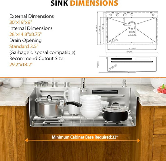 Mocoloo 30 Inch Honeycomb Waterfall Kitchen Sink Drop in, 30x19 Inch Stainless Steel Workstation Sink 16 Gauge Topmount Single Bowl Sink with Complete Kit
